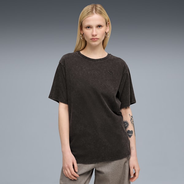 Essentials Elevated Relaxed Wash Tee Women, PUMA Black, large-ZAF