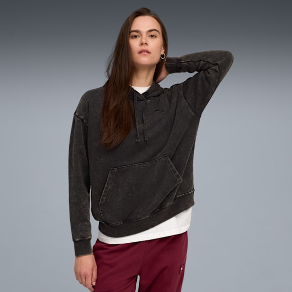 Essentials Elevated Relaxed Wash Hoodie Women, PUMA Black, large-ZAF