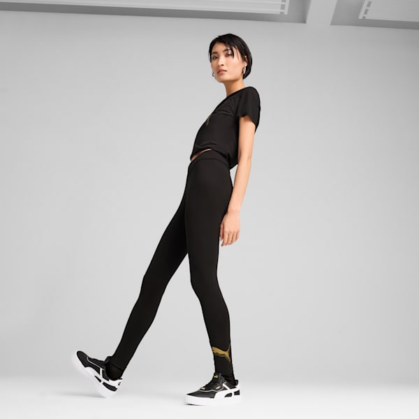 Essentials Metallic Leggings Women, PUMA Black-Metallic Gold, large-ZAF