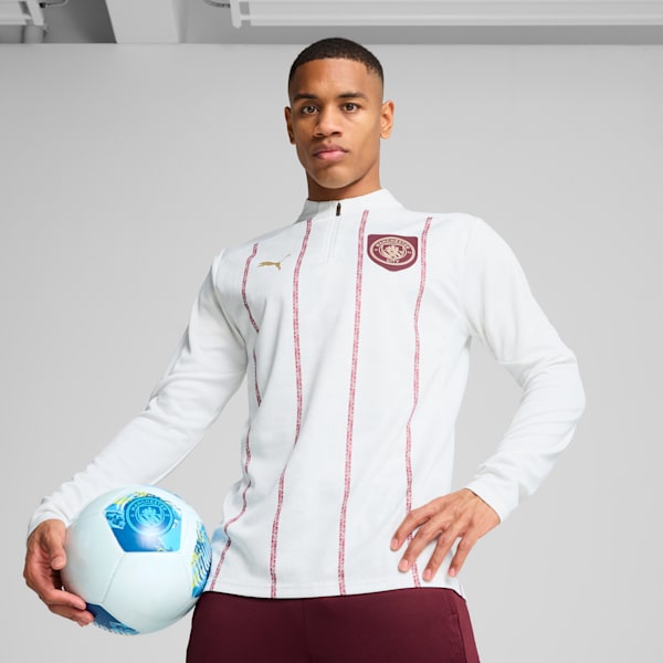 Camiseta de prepartido con cierre de un cuarto del Manchester City para hombre, PUMA White-Dark Jasper, large-ARG