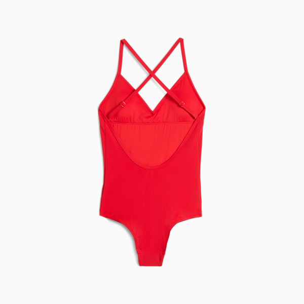 PUMA Swim Women's V-Neck Cross back Swimsuit, red, large-MEX