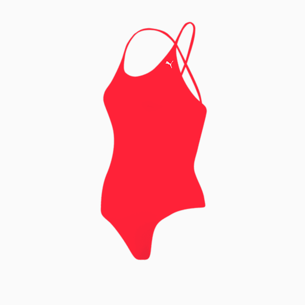 PUMA Swim Women's V-Neck Cross back Swimsuit, red, large-MEX