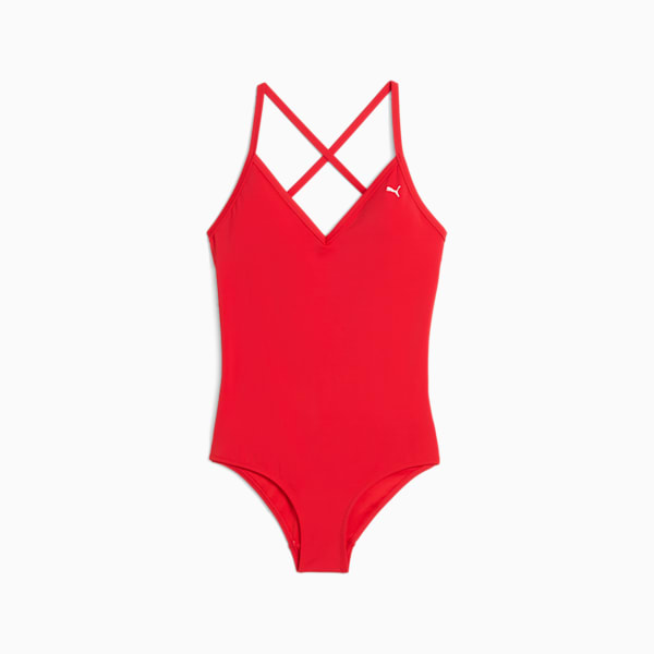 PUMA Swim Women's V-Neck Cross back Swimsuit, red, large-MEX