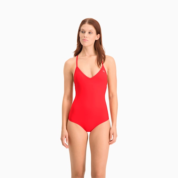 PUMA Swim Women's V-Neck Cross back Swimsuit, red, large-MEX