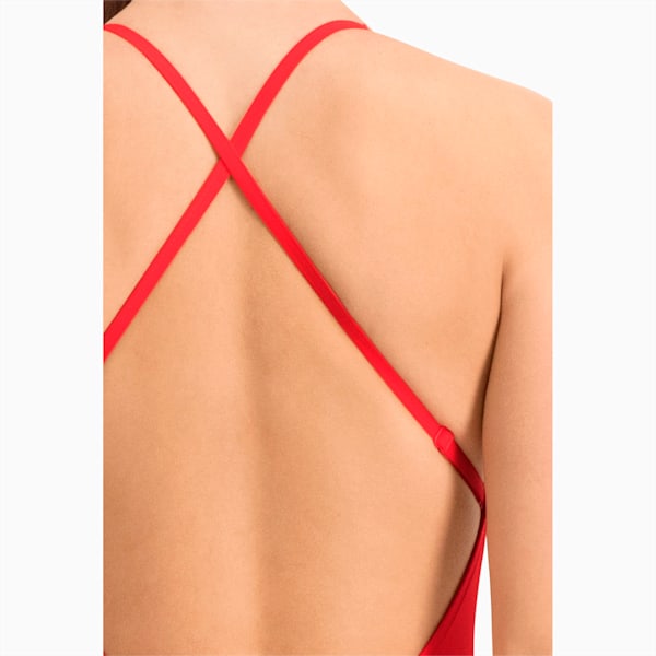 PUMA Swim Women's V-Neck Cross back Swimsuit, red, large-MEX
