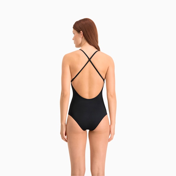 PUMA Swim Women's V-Neck Cross back Swimsuit, black, large-MEX