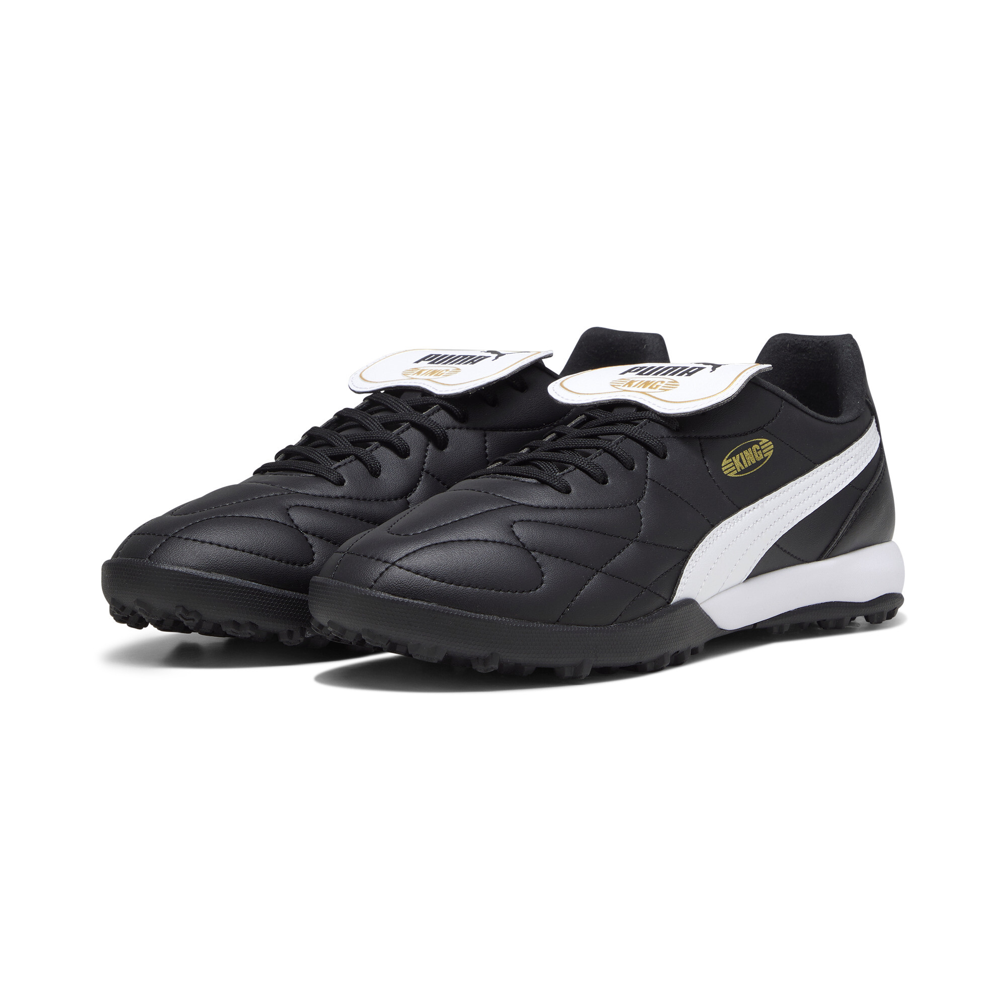 Men's PUMA KING TOP TT Football Boots In Black/Gold, Size EU 46