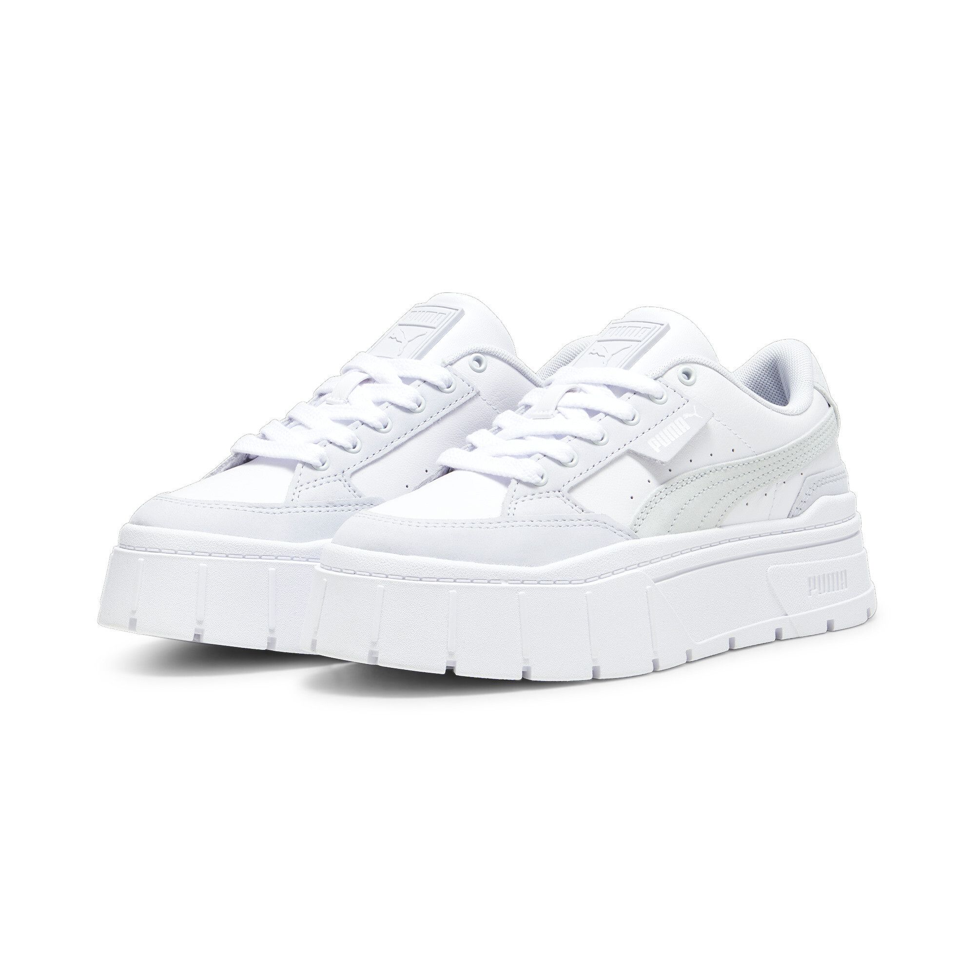 Women's PUMA Mayze Stack Luxe Sneakers Women In White/Silver, Size EU 40