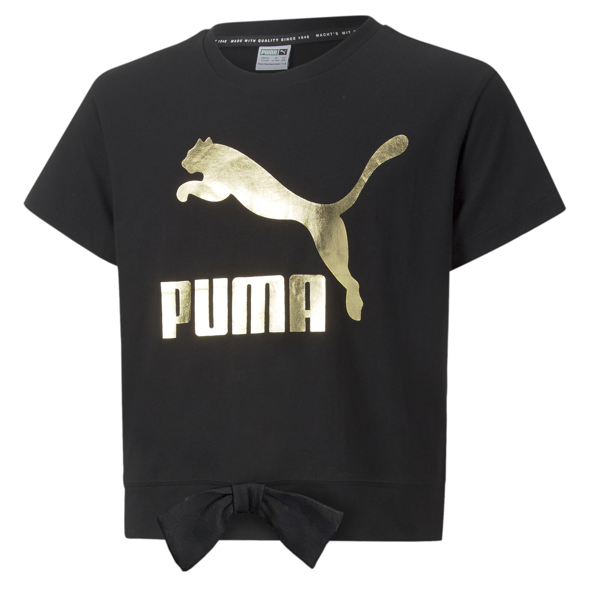 PUMA Classics Logo Bow T-Shirt In Black, Size 15-16 Youth
