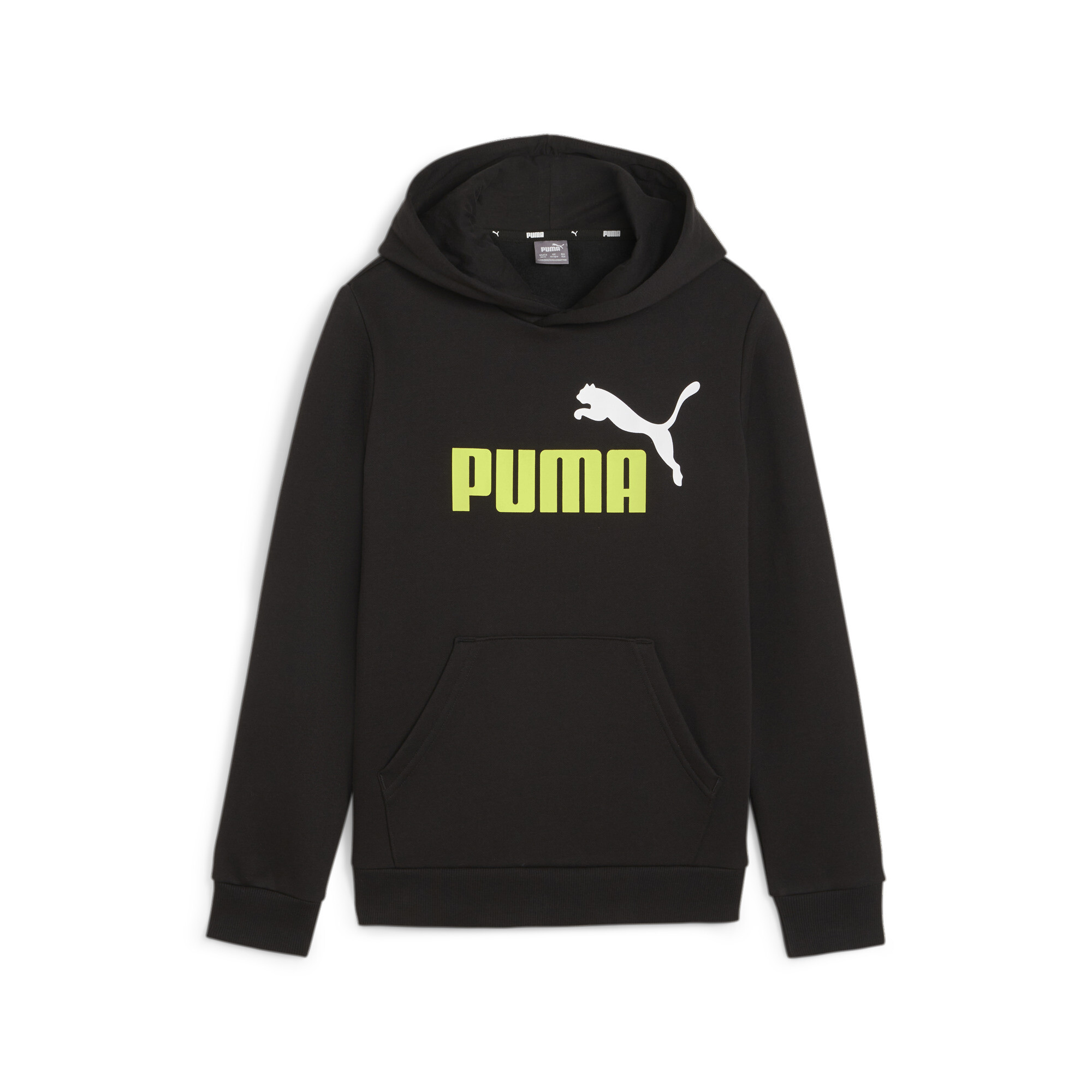 PUMA Essentials+ Two-Tone Big Logo Hoodie In Black, Size 11-12 Youth