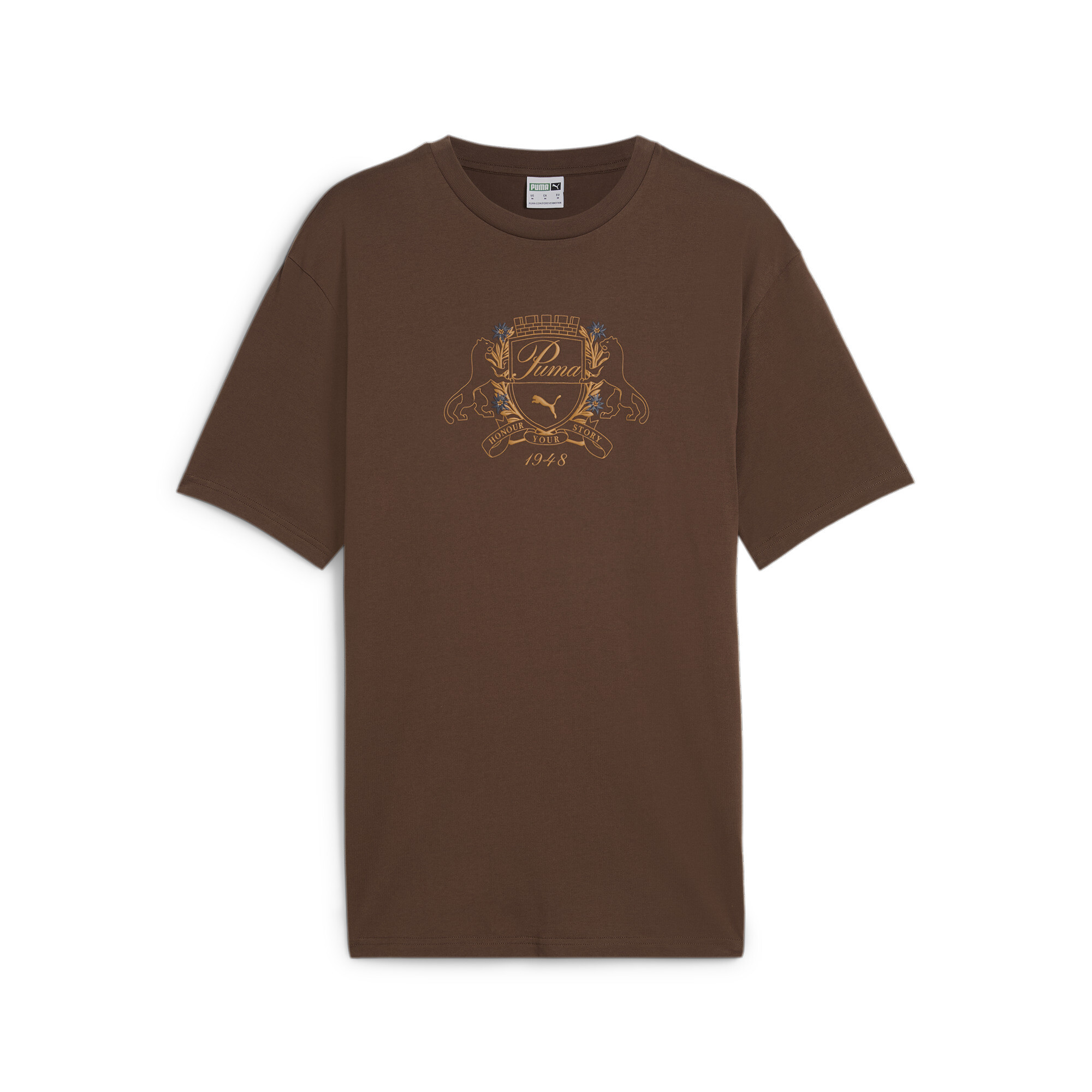 PUMA CLASSICS FAMILY LEGACY T-Shirt Unisex In Brown, Size XS, Cotton