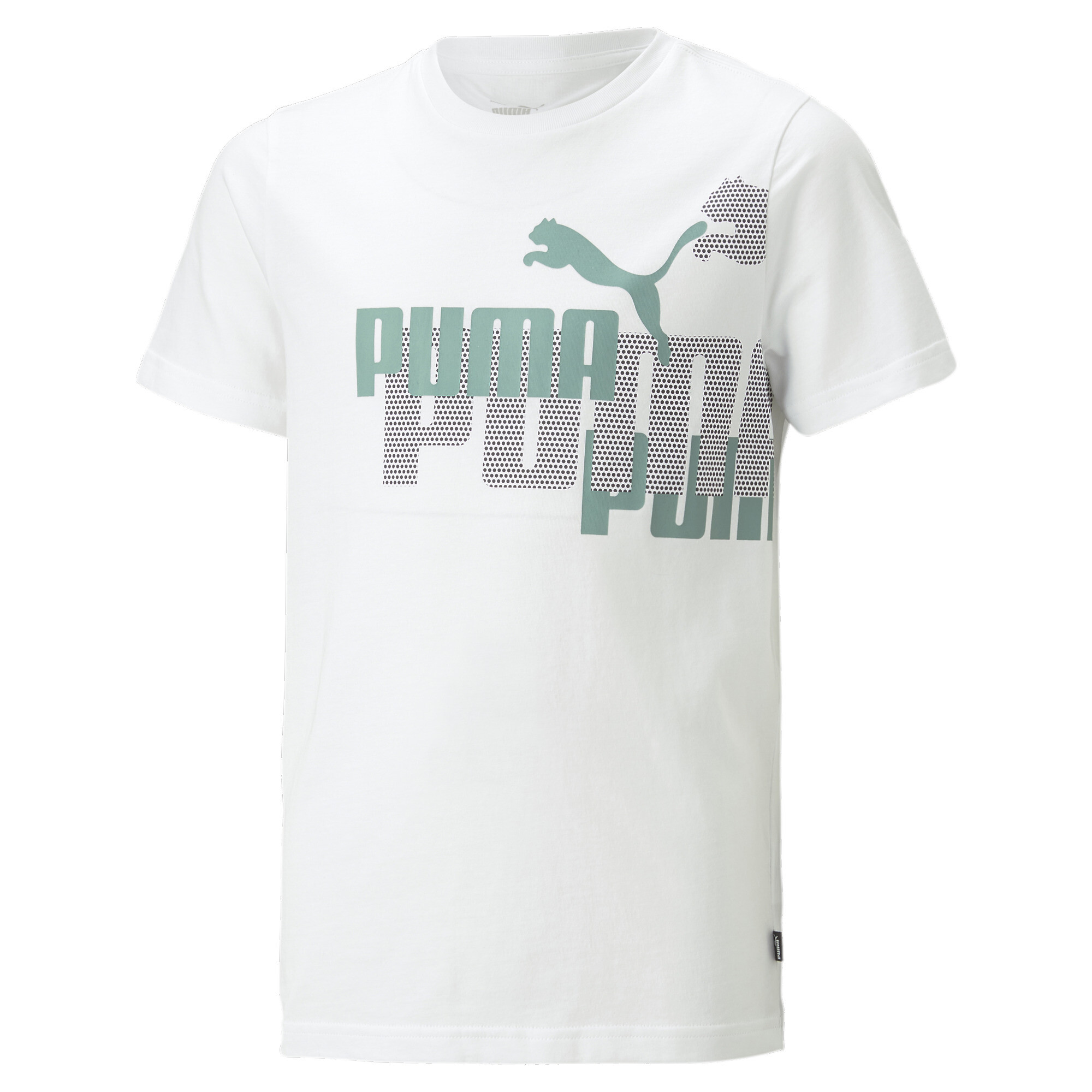 PUMA ESS+ LOGO POWER T-Shirt In White, Size 9-10 Youth