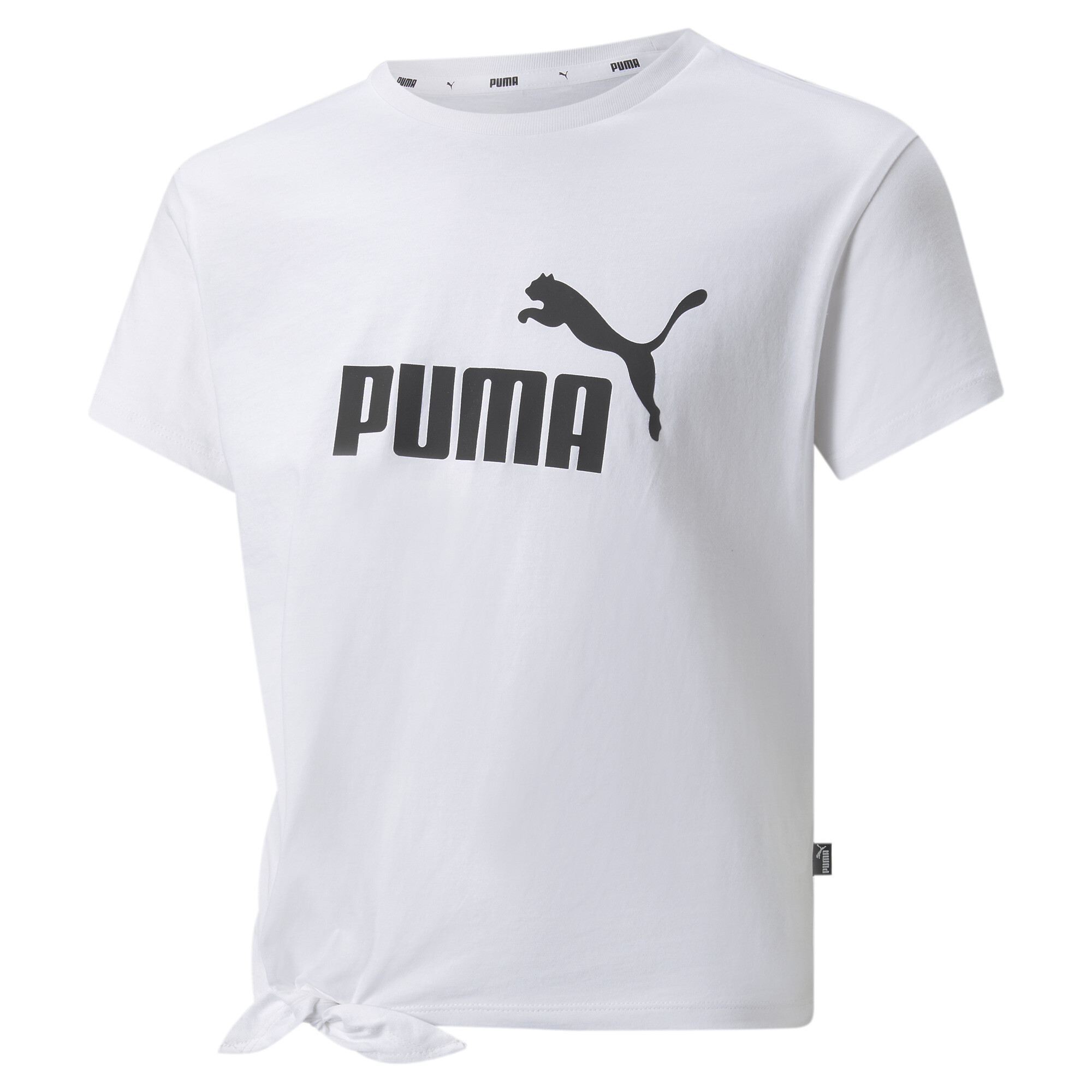 PUMA Essentials Logo Knotted T-Shirt In White, Size 13-14 Youth, Cotton