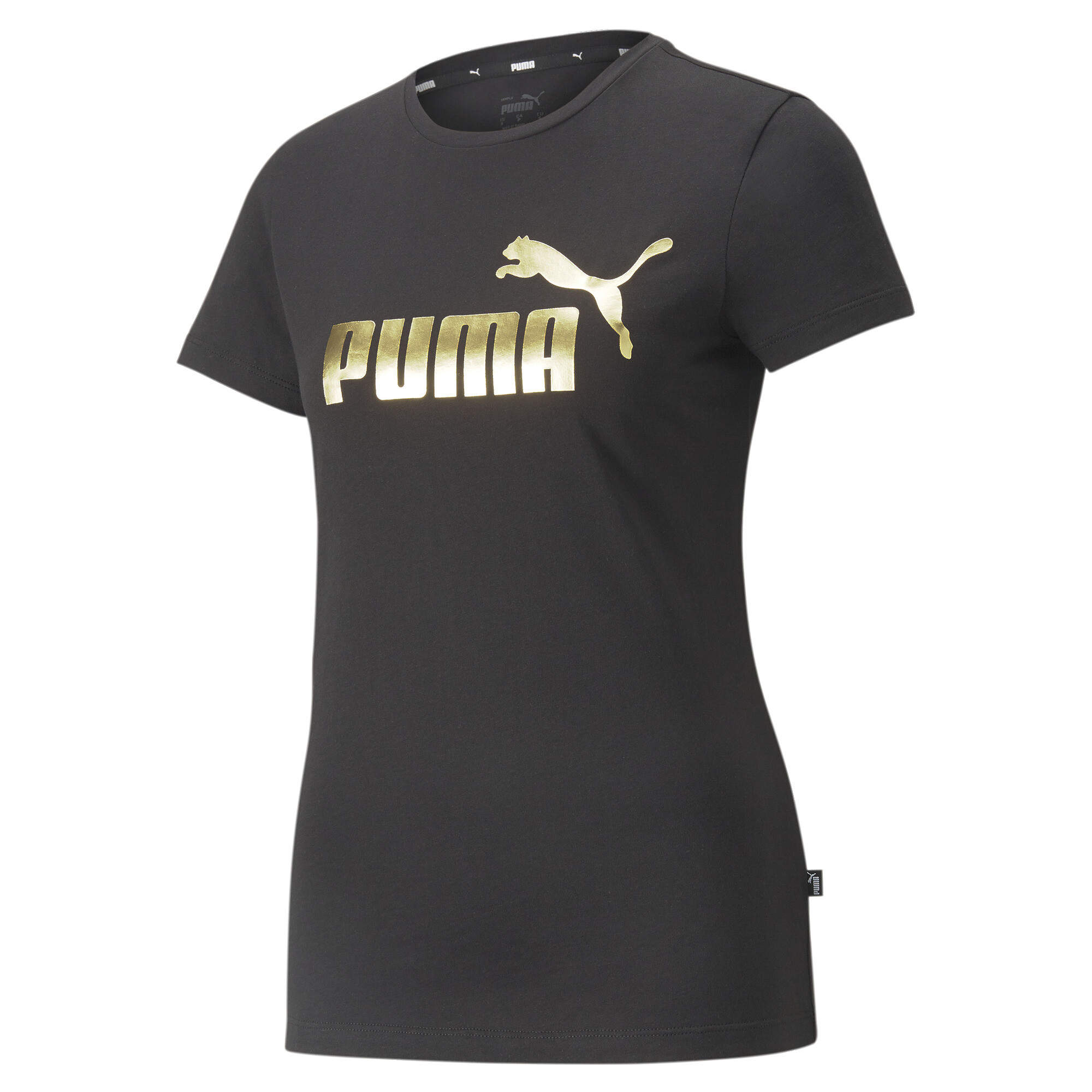 Women's PUMA Essentials+ Metallic Logo T-Shirt In Black/Gold, Size Medium