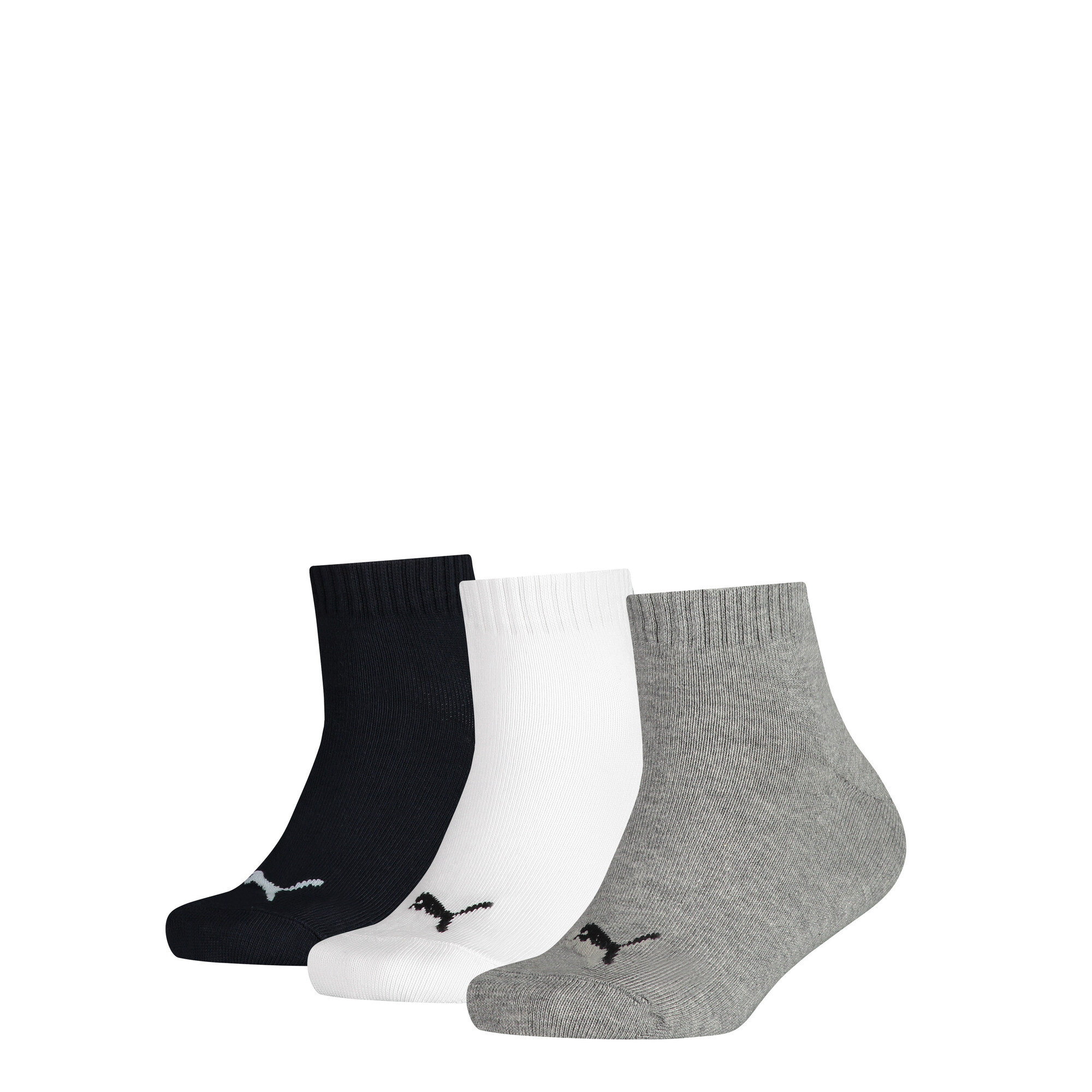 Kids' PUMA Quarter Socks 3 Pack In Grey/White/Black, Size 35-38