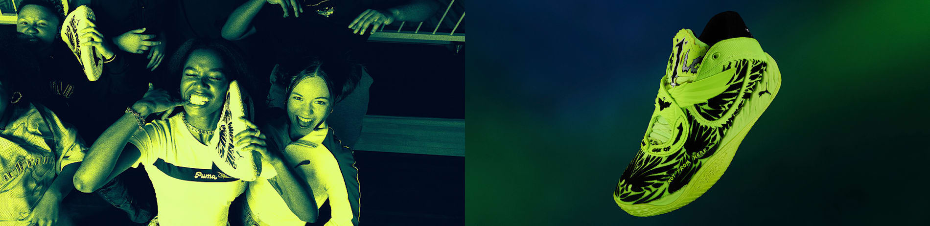 A split image shows smiling people indoors and a neon green and black basketball shoe.