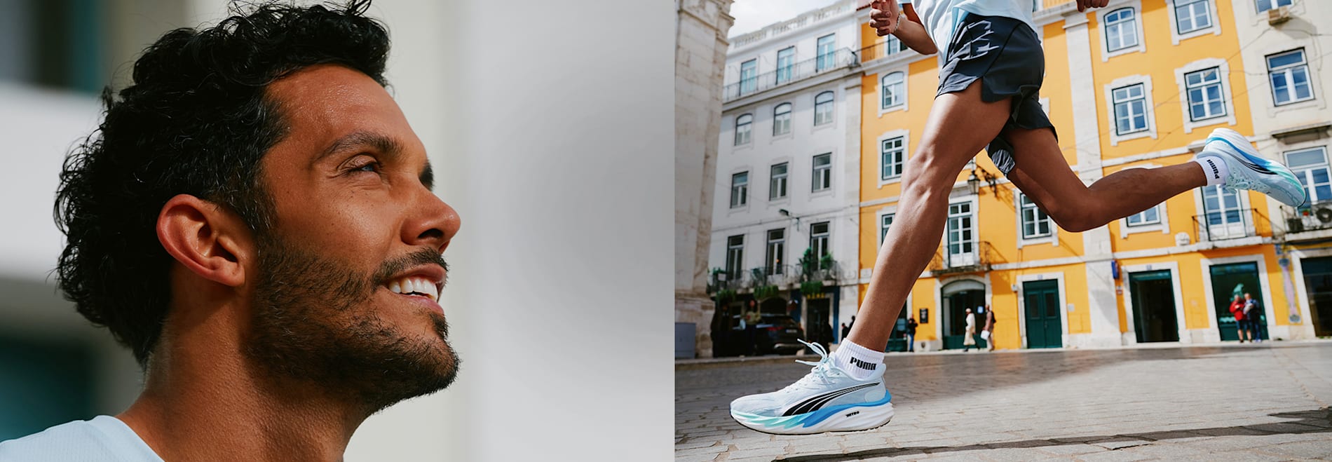 A runner in shorts and light blue shoes strides across a city square with bright buildings.