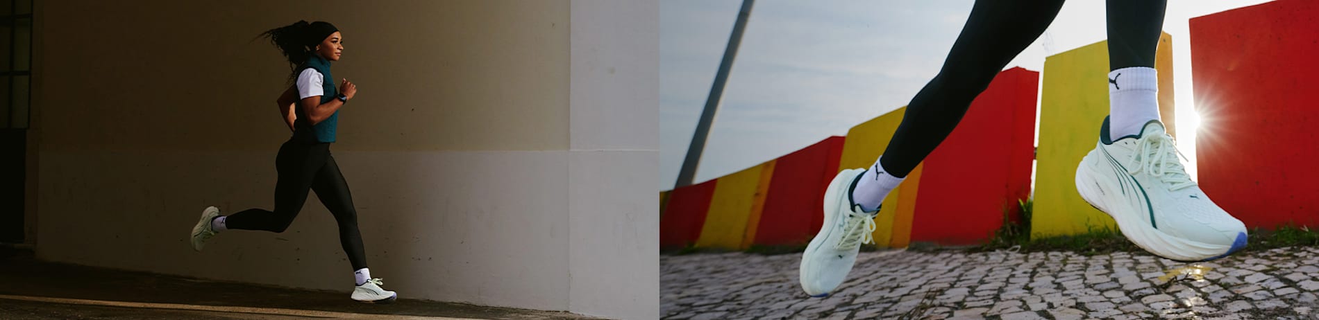 Kobieta biega w butach do biegania, legginsach i kamizelce w miejskim otoczeniu.