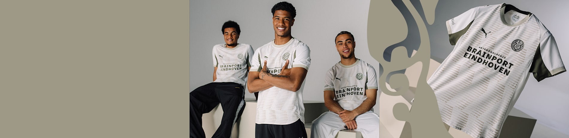 Three models pose in the PSV Eindhoven third kit, with a shirt displayed on the right.