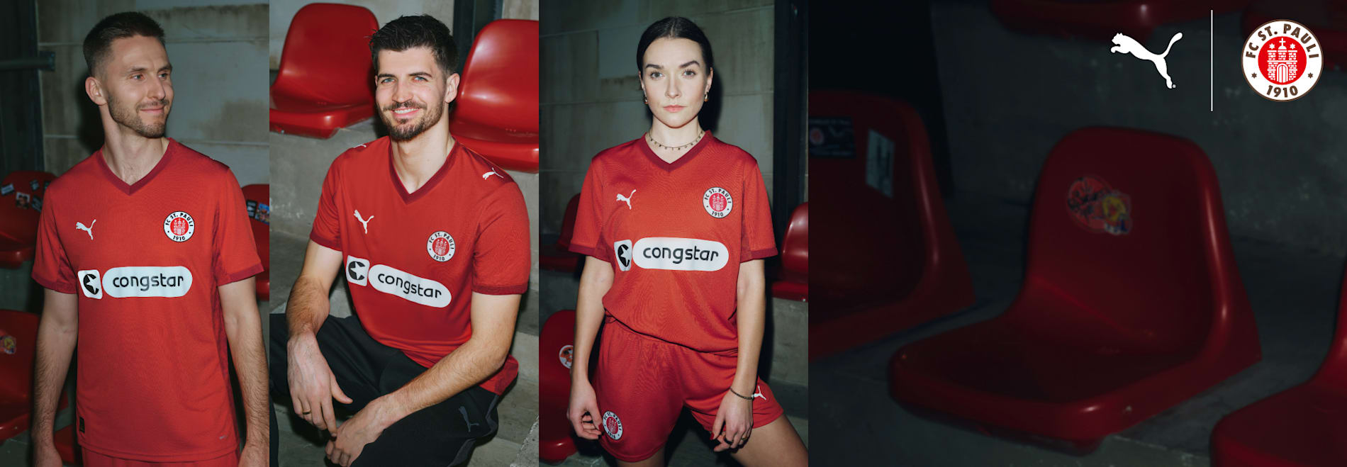 Drei Models tragen das FC St. Pauli Auswärtstrikot vor Stadionsitzen.