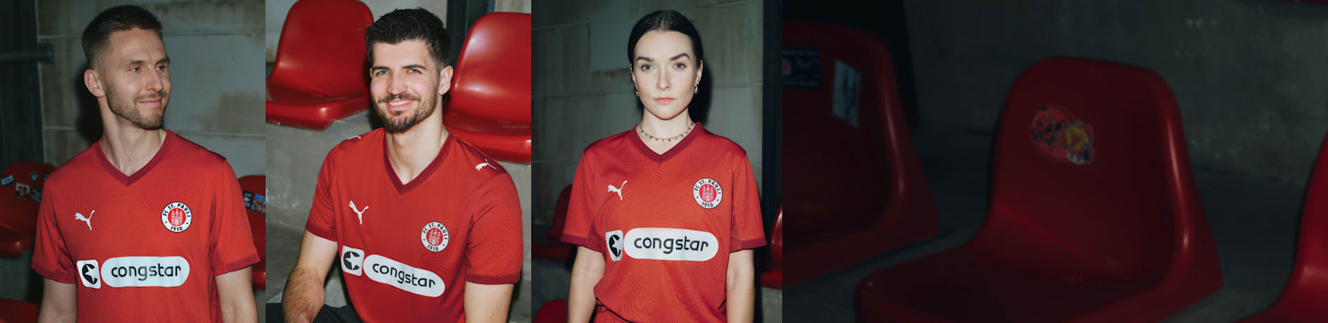 Three models wear the FC St. Pauli fourth kit in front of stadium seats.