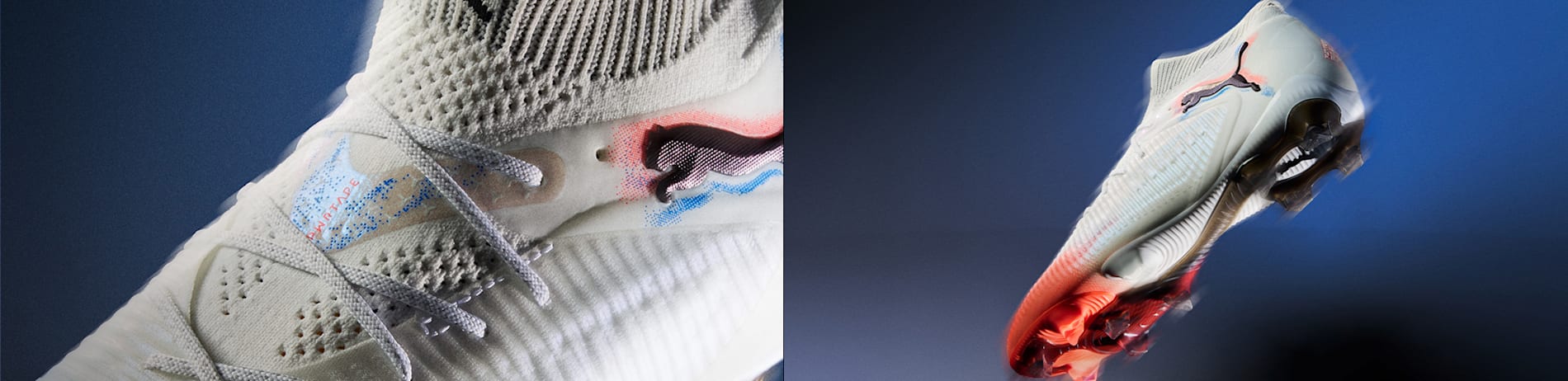 Sobre un fondo azul, un primer plano muestra dos botas de fútbol color crema.