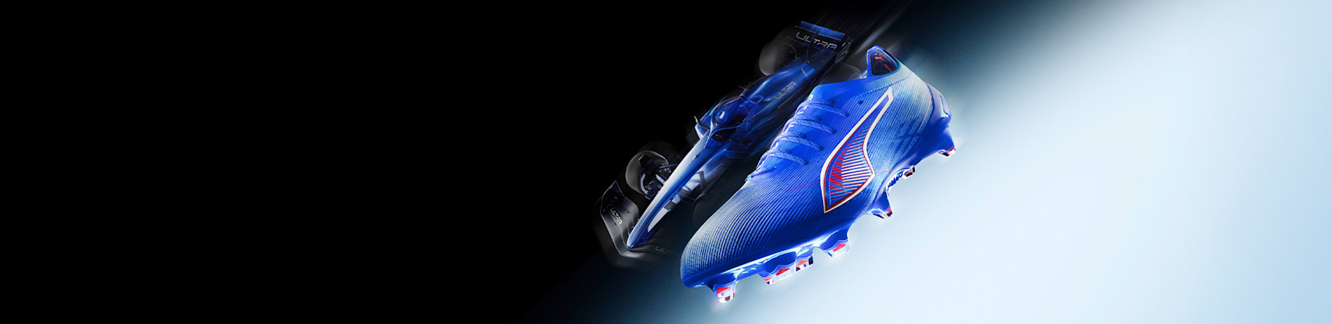 A blue football boot is displayed beside a blurred race car on a split black and light blue background.