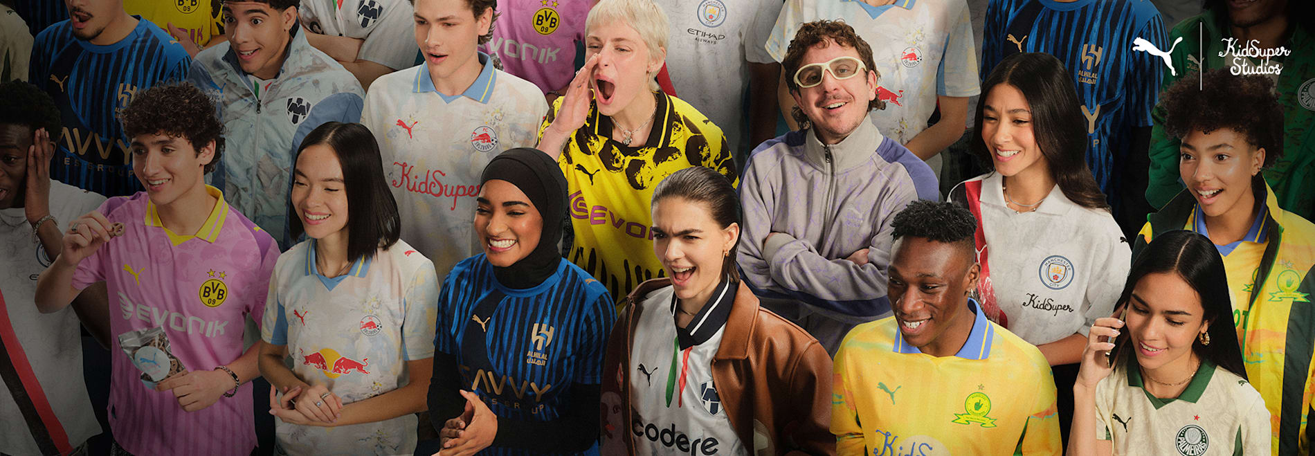 A diverse group of models wear football shirts and smile in a promotional shot.