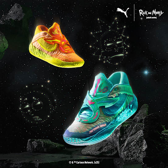 Two Rick and Morty themed basketball trainers float in a space scene.