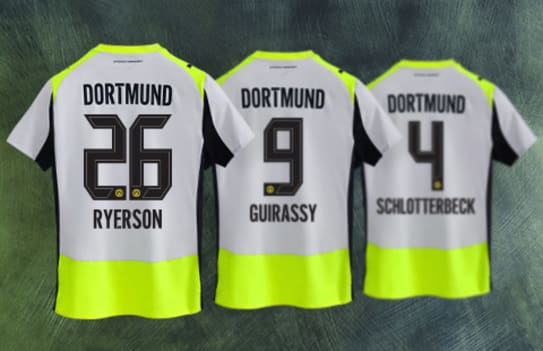 Three Dortmund away shirts with player names and numbers on a green background.