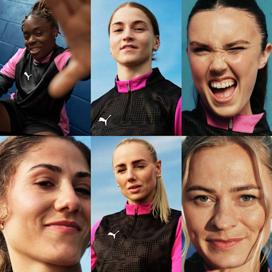 Gros plan sur six femmes portant des hauts noirs avec bordure rose et logo Puma.