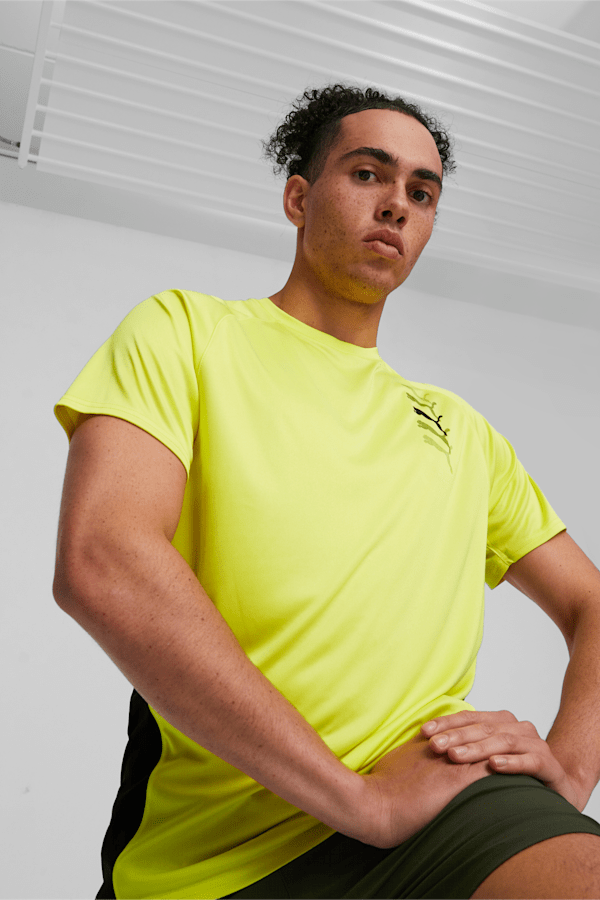 PUMA Fit Men's Logo Training Graphic Tee, Yellow Burst-PUMA Black, extralarge