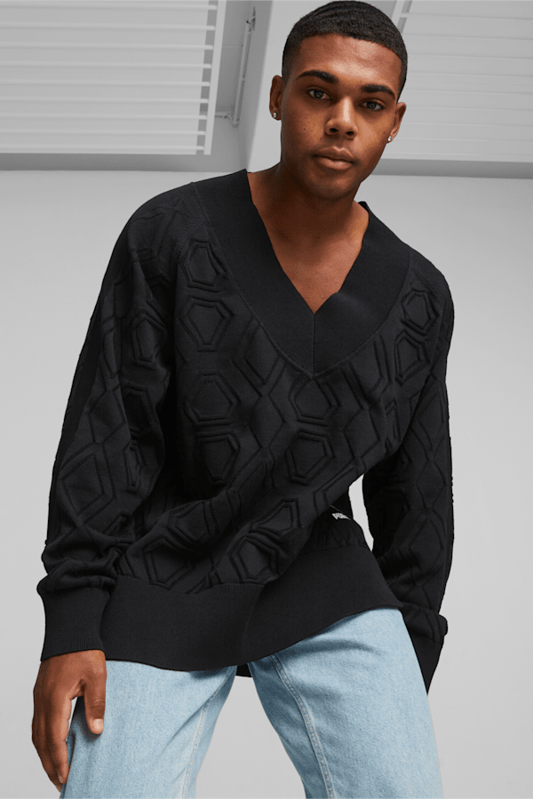LUXE SPORT Oversized V-neck Sweatshirt, PUMA Black, extralarge-GBR