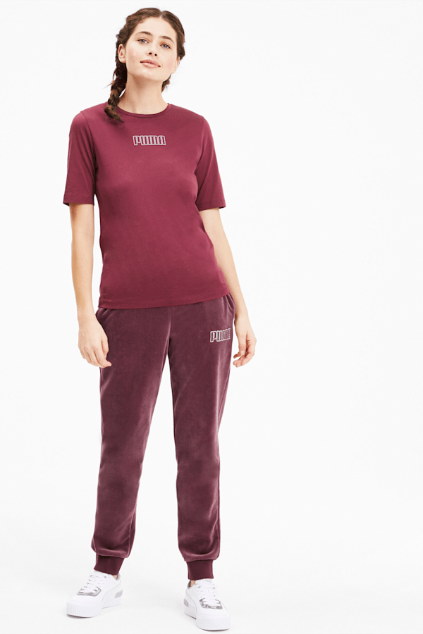 Women's Red Velour Regular Fit Joggers