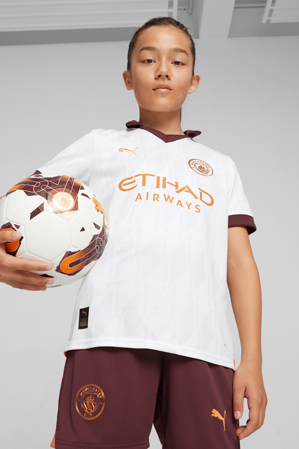 Manchester City 23/24 Big Kids' Away Jersey, PUMA White-Aubergine, extralarge