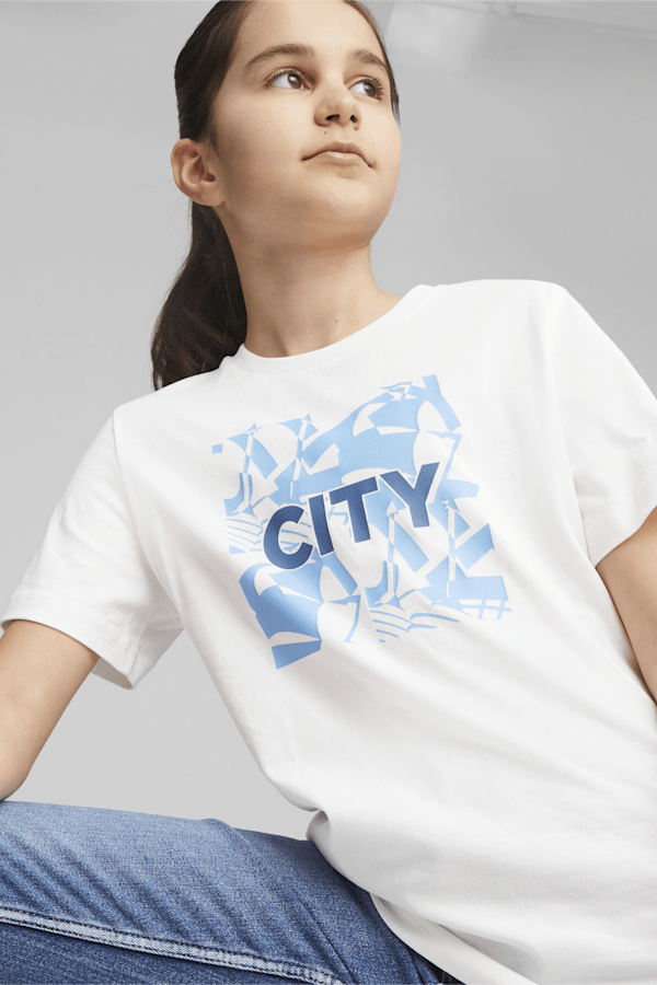 Manchester City FtblCore Youth Graphic Tee, PUMA White-Team Light Blue, extralarge