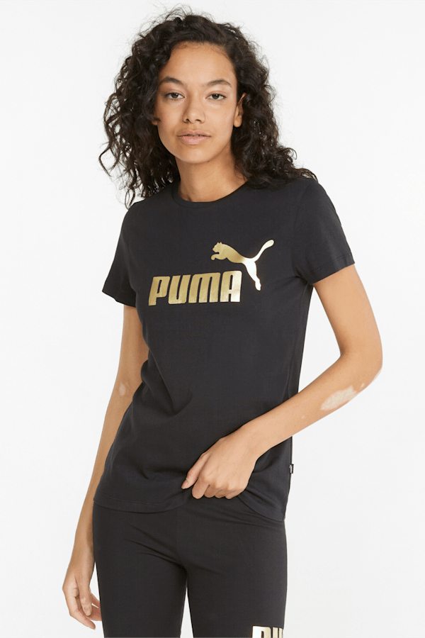 Essentials+ Metallic Logo Women's Tee, Puma Black-Gold foil, extralarge