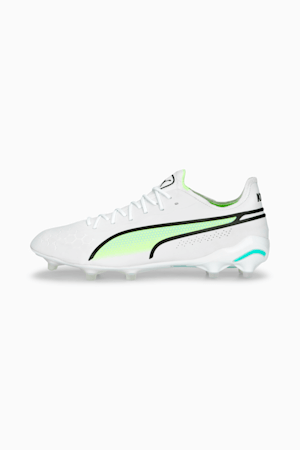 KING ULTIMATE FG/AG Men's Soccer Cleats, PUMA White-PUMA Black-Fast Yellow-Electric Peppermint, extralarge