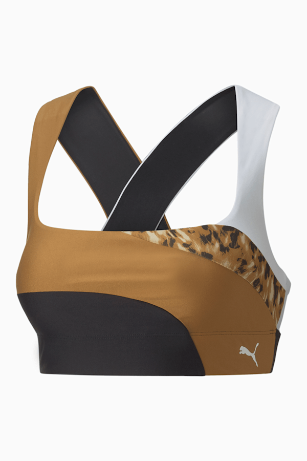 Mid Impact Safari Glam Training Bra Women, Puma Black-Desert Tan-Fur real print, extralarge